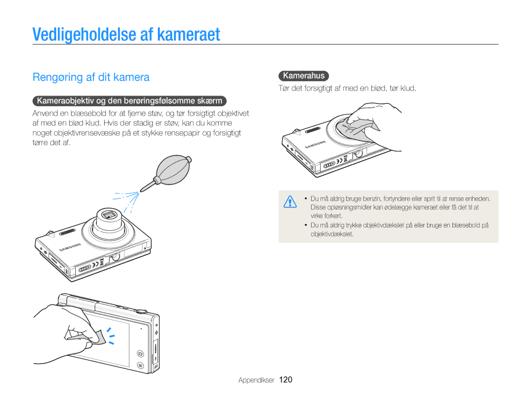 Samsung EC-MV800ZBPBE2 manual Vedligeholdelse af kameraet, Rengøring af dit kamera, Kamerahus  